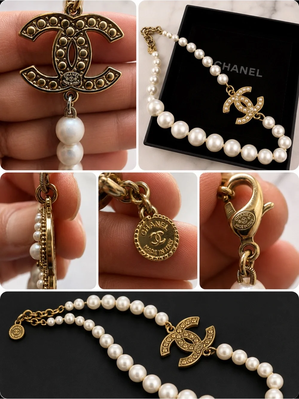 CHANEL Gold CC Pearl Drop Necklace with Crystal Accents